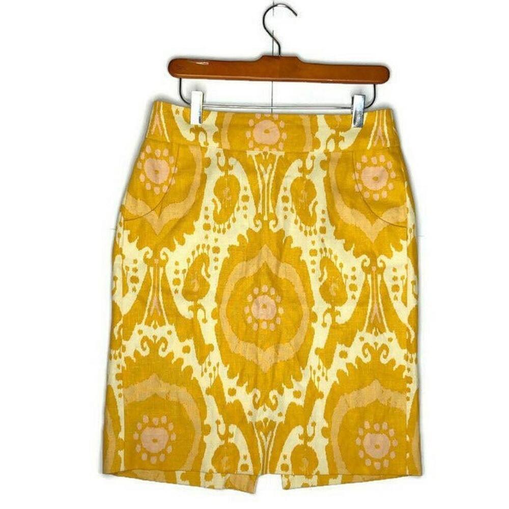 J Crew Patterned Pencil Skirt Yellow 100% Linen Pockets Kick Pleat Knee Length 2